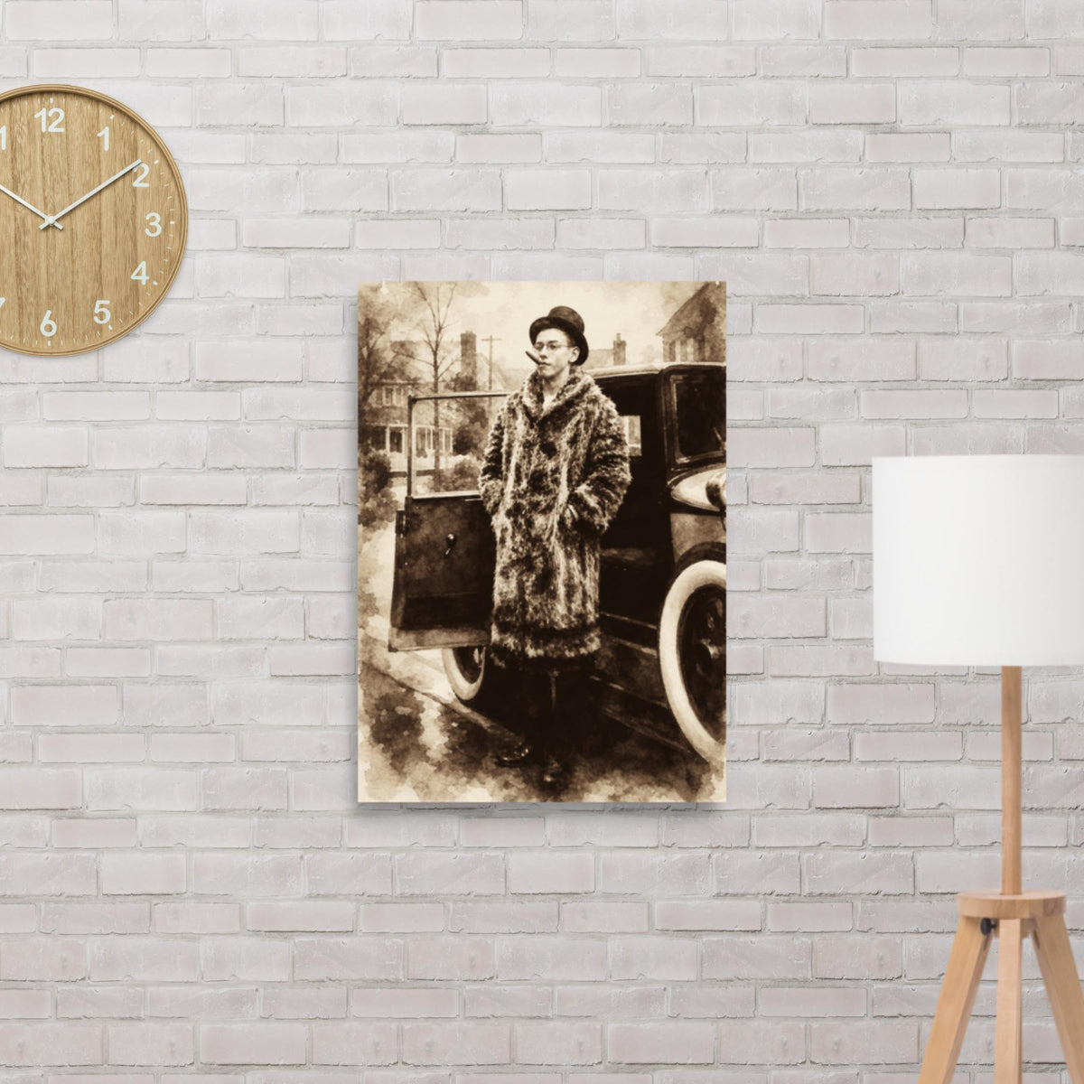 Generational Wealth sepia watercolour poster of a young 1920s man in a fur coat with a cigar beside a vintage car
