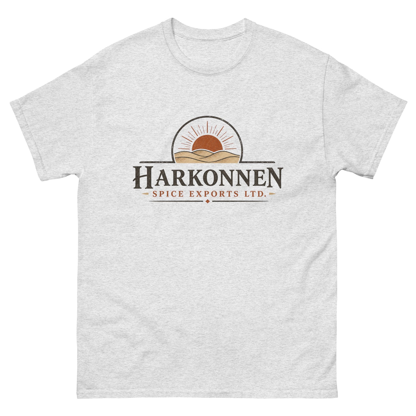 Unisex tee with a vintage engraved logo of a sun rising over desert dunes above serif lettering for a fictional spice export company