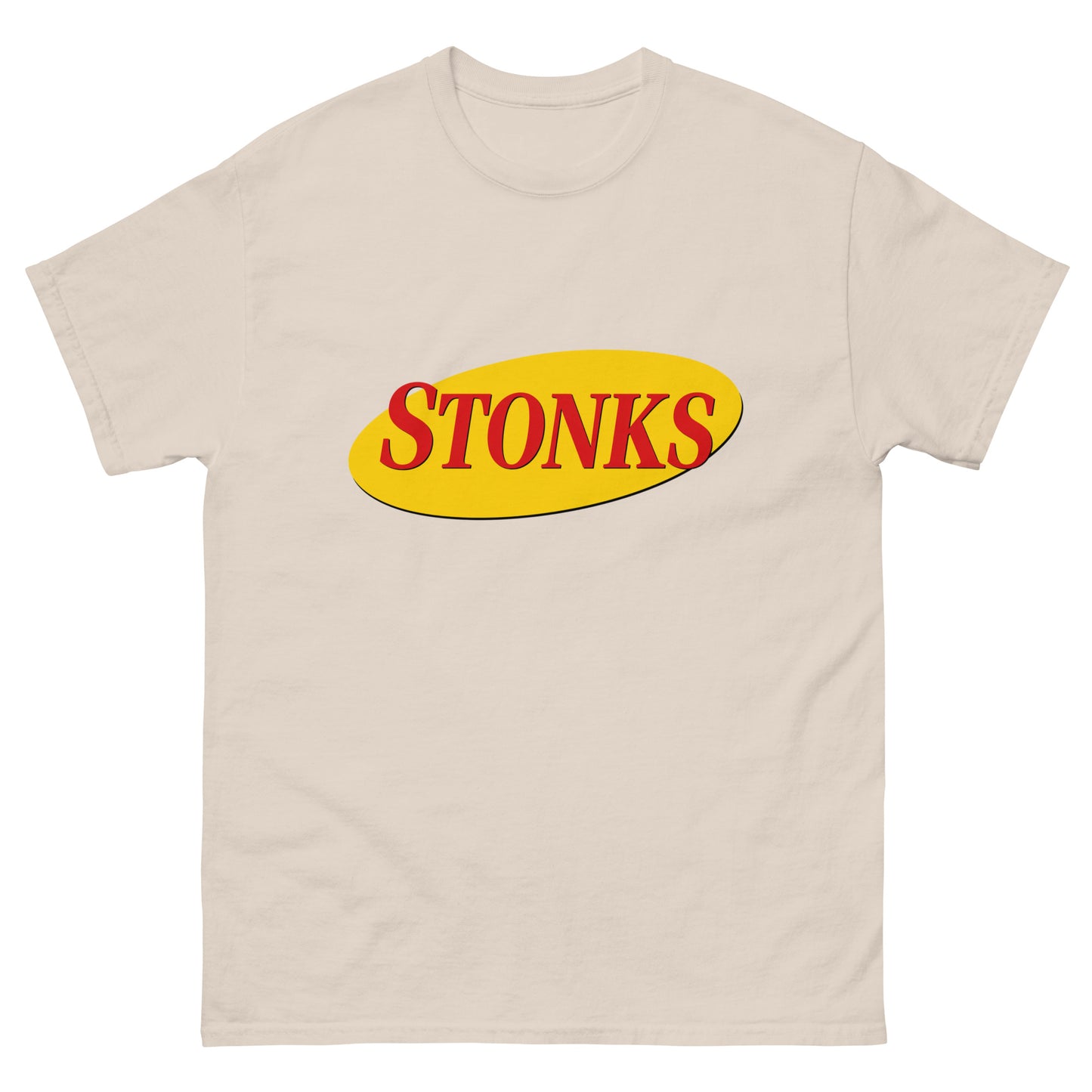 "STONKS" printed in Seinfeld-style lettering on a unisex cotton t-shirt