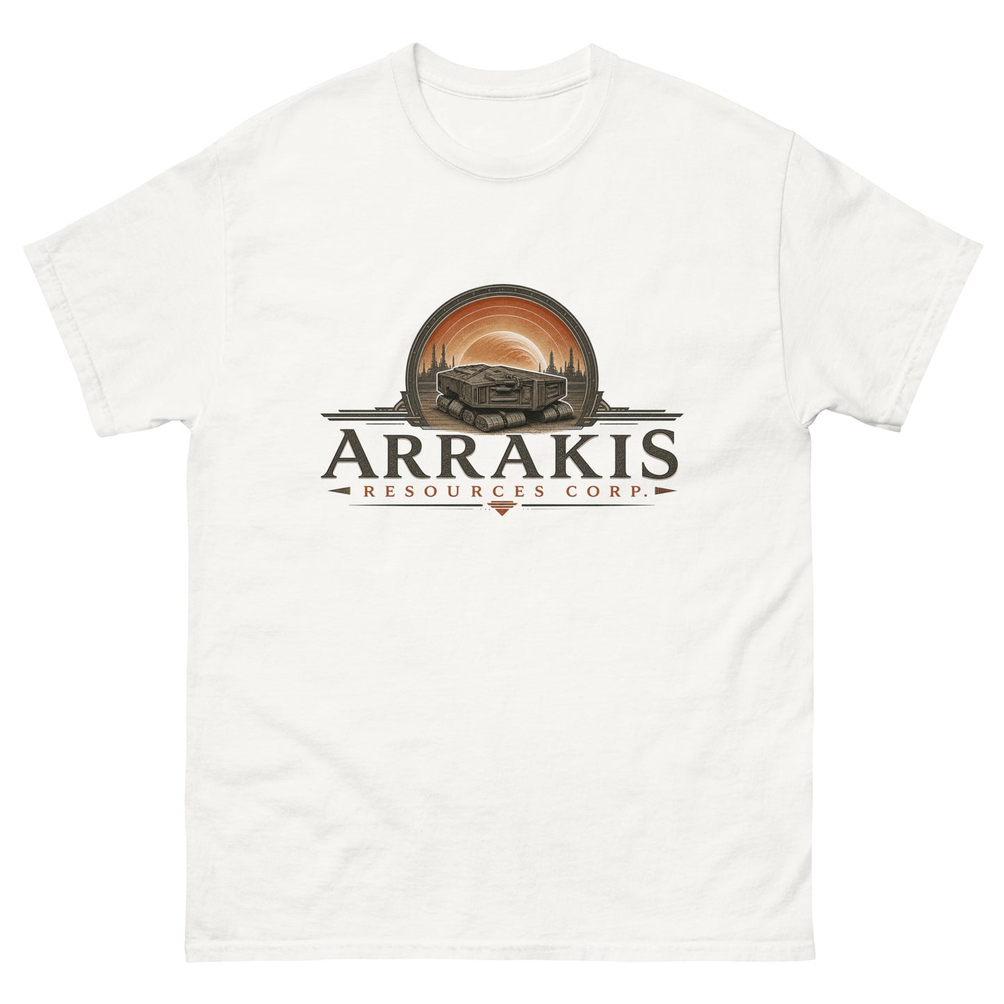 Unisex tee with an engraved industrial logo of a tracked mining crawler in front of a planet and refinery towers above serif lettering reading Arrakis Resources Corp
