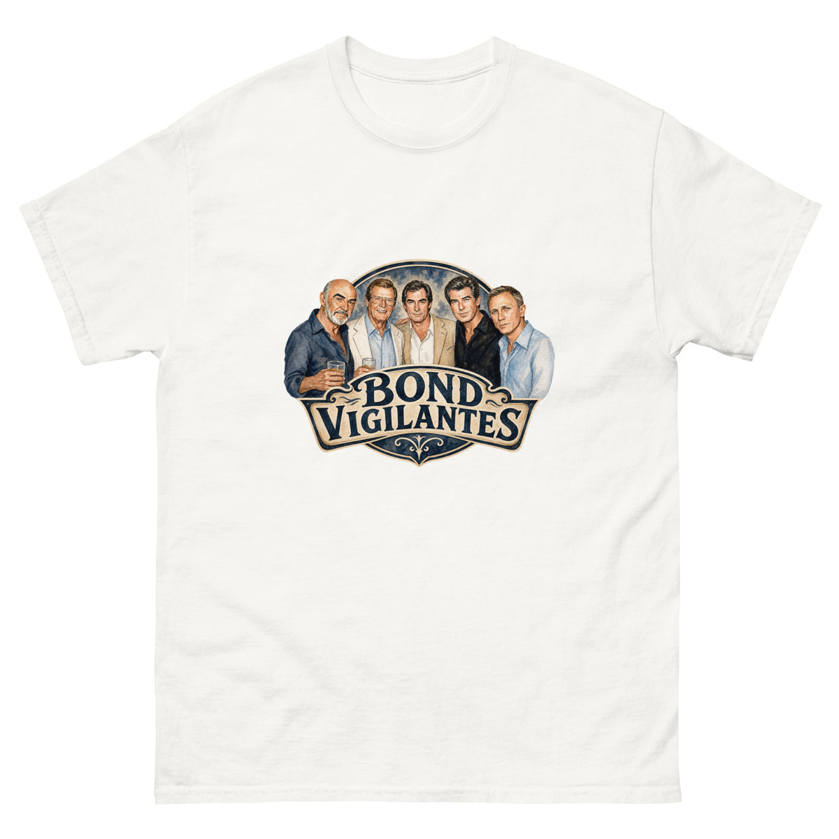 "Bond Vigilantes" saloon-sign lettering with five watercolour portraits of men in evening wear on a t-shirt