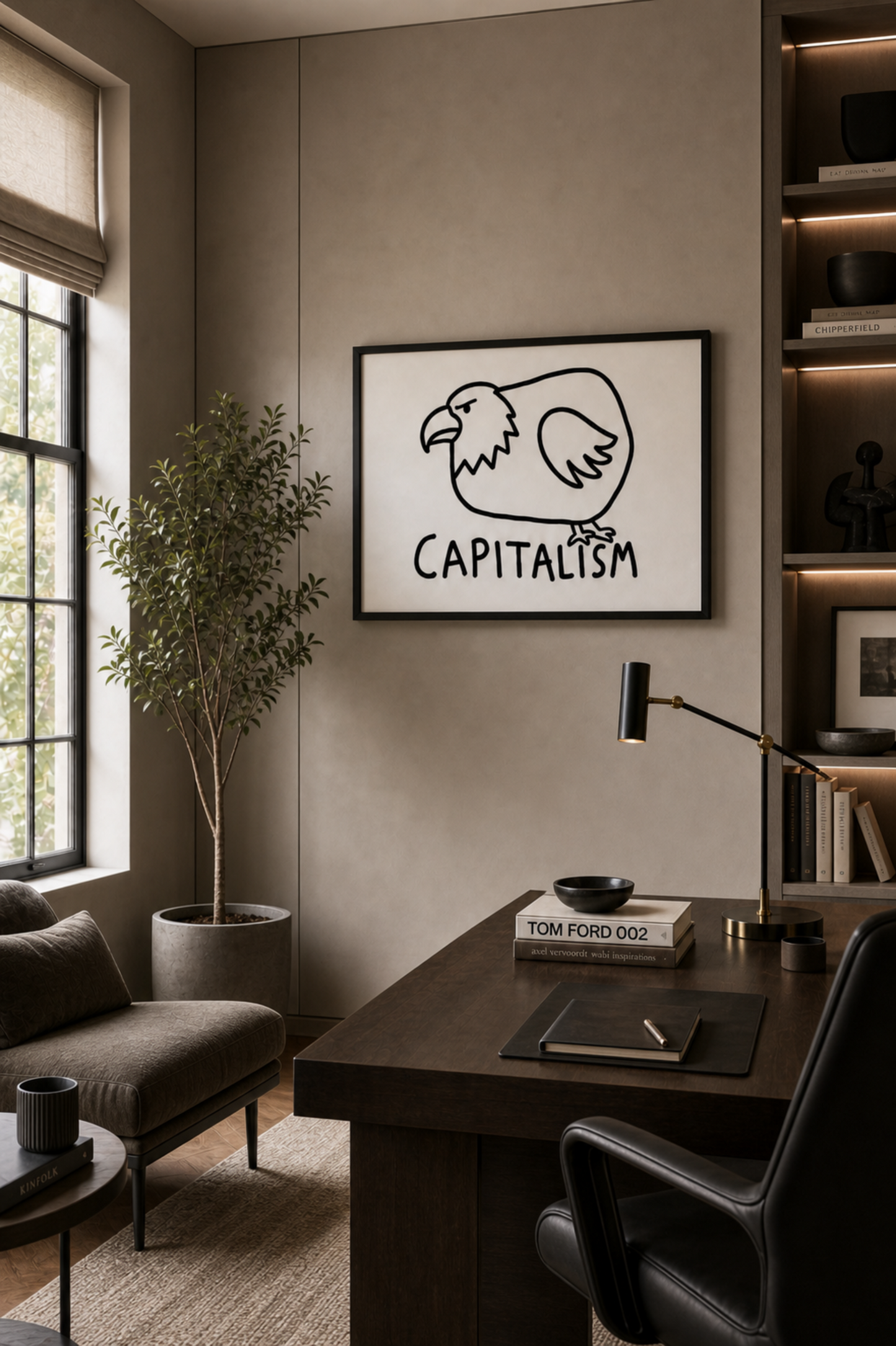 Minimalist line-art poster of a chubby bald eagle with "Capitalism" text, framed above a home office desk