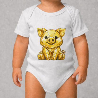 Baby bodysuit with a golden piggy print, worn by a baby