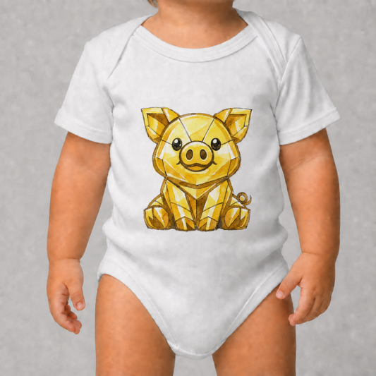 Baby bodysuit with a golden piggy print, worn by a baby