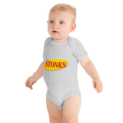 Baby bodysuit with the word Stonks in bold lettering