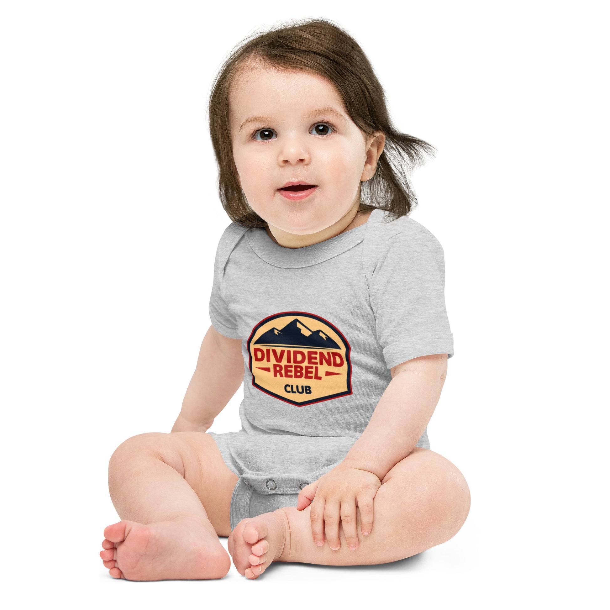 Baby bodysuit with a Dividend Rebel Club emblem design