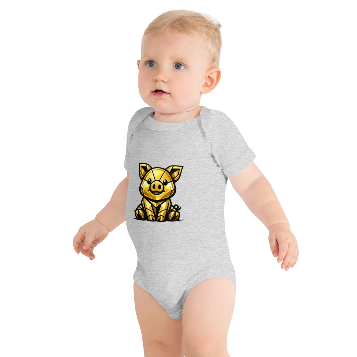 Baby bodysuit with an illustrated gold piggy bank design