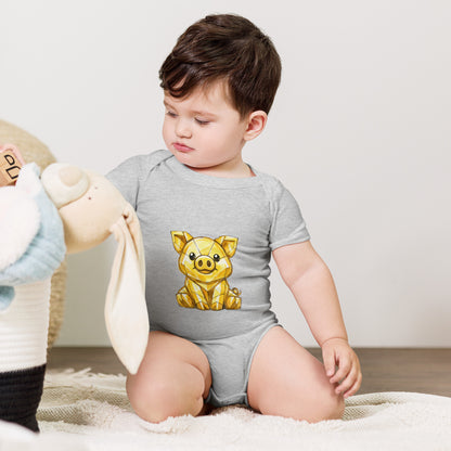 Baby bodysuit with a golden piggy print, worn by a baby