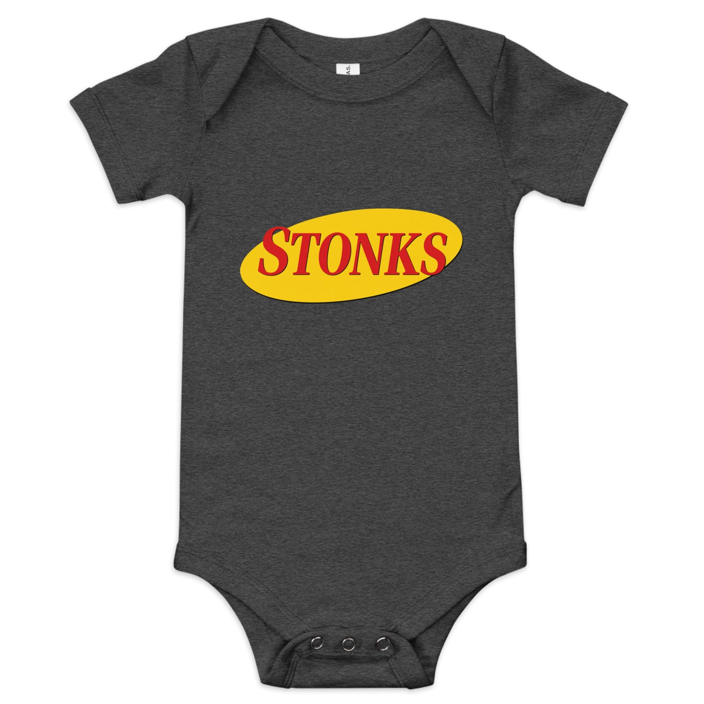 Baby bodysuit with the word Stonks in bold lettering