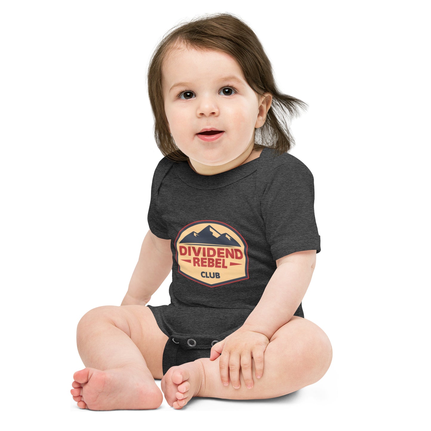 Baby bodysuit with a Dividend Rebel Club emblem design