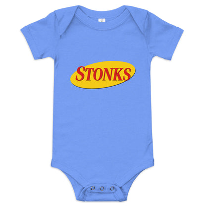 Baby bodysuit with the word Stonks in bold lettering