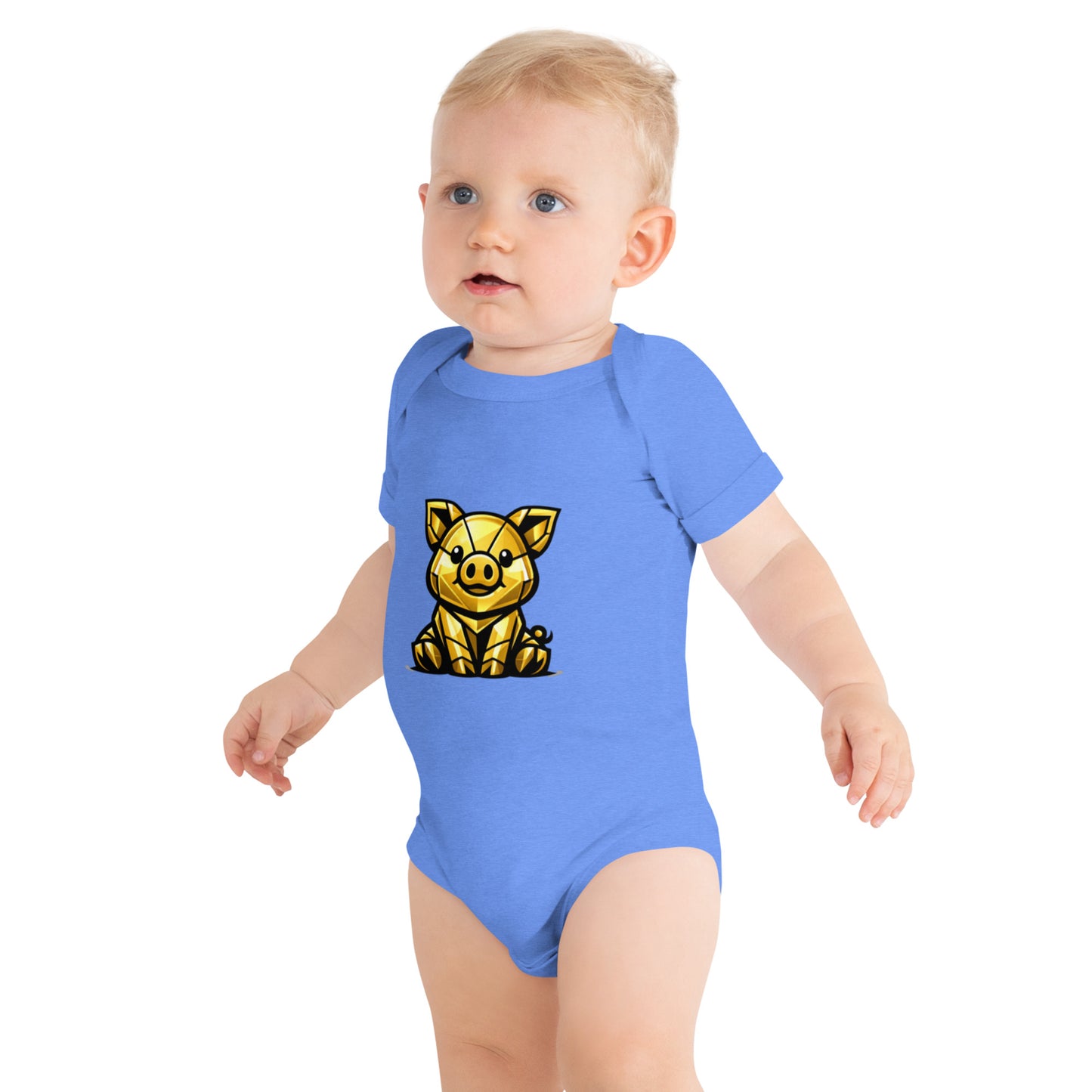 Baby bodysuit with an illustrated gold piggy bank design