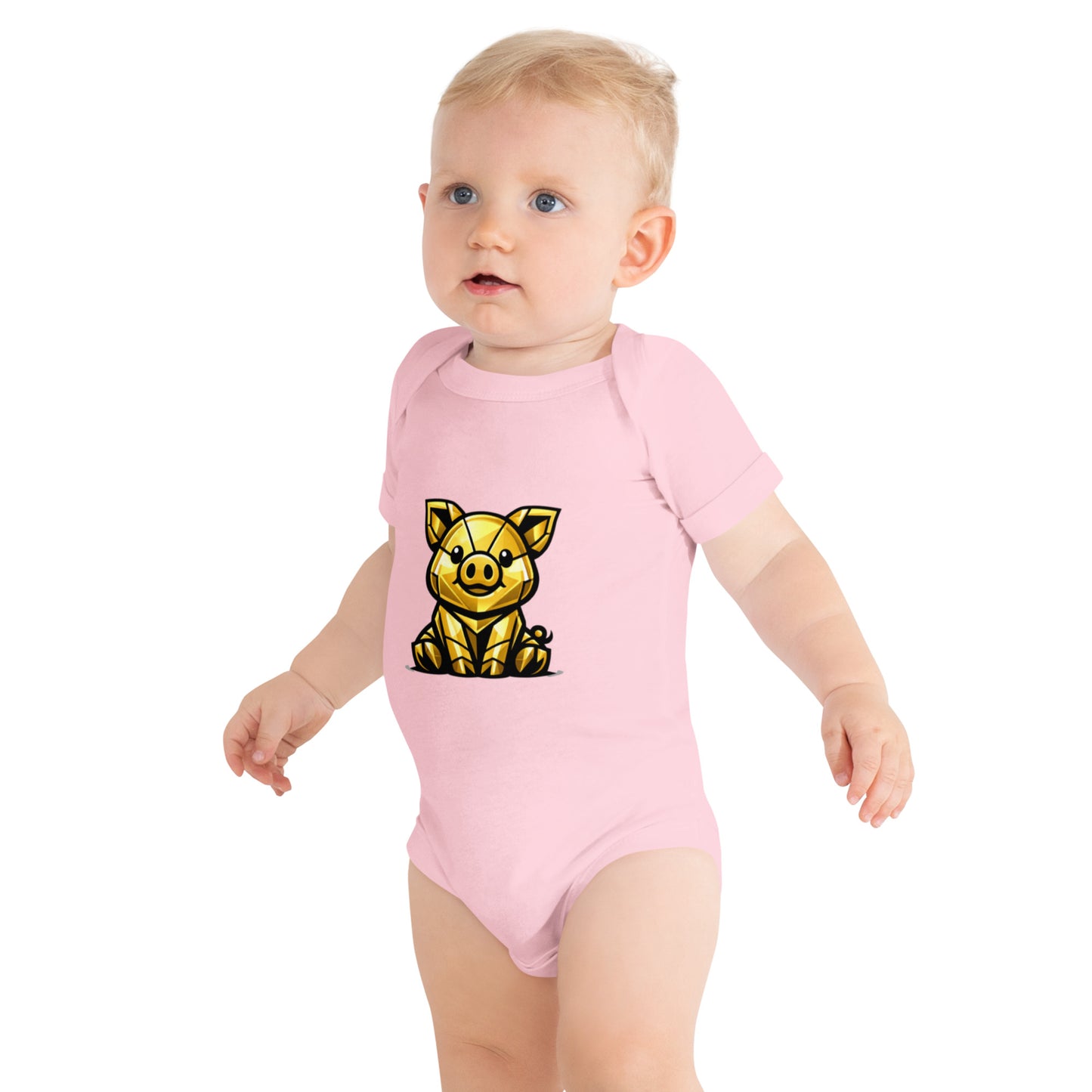 Baby bodysuit with an illustrated gold piggy bank design