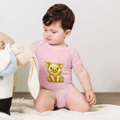 Baby bodysuit with a golden piggy print, worn by a baby