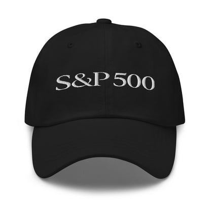Embroidered "S&P 500" index text on a classic dad hat