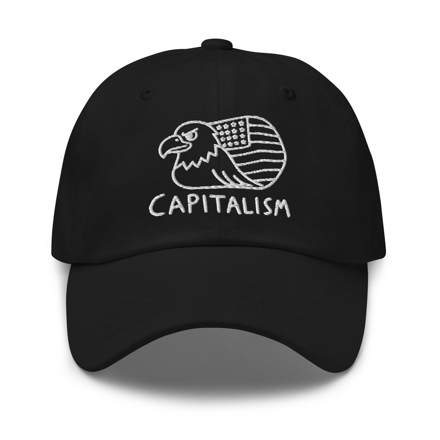 Embroidered bald eagle wrapped in an American flag with "Capitalism" text, on a dad hat