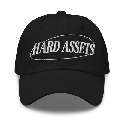 Embroidered adjustable dad hat with Hard Assets commodity investing design