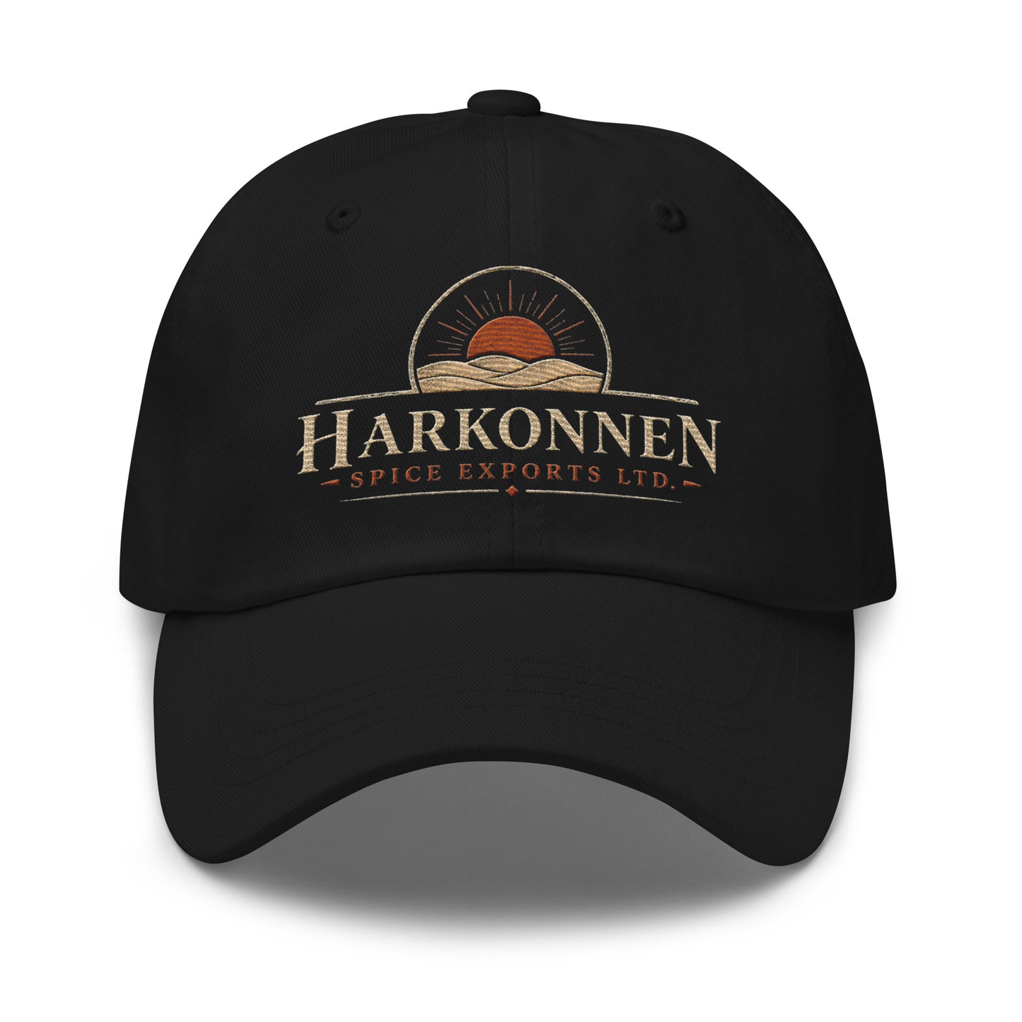 Dad hat with a vintage logo of a sun rising over desert dunes above serif lettering for a fictional spice export company