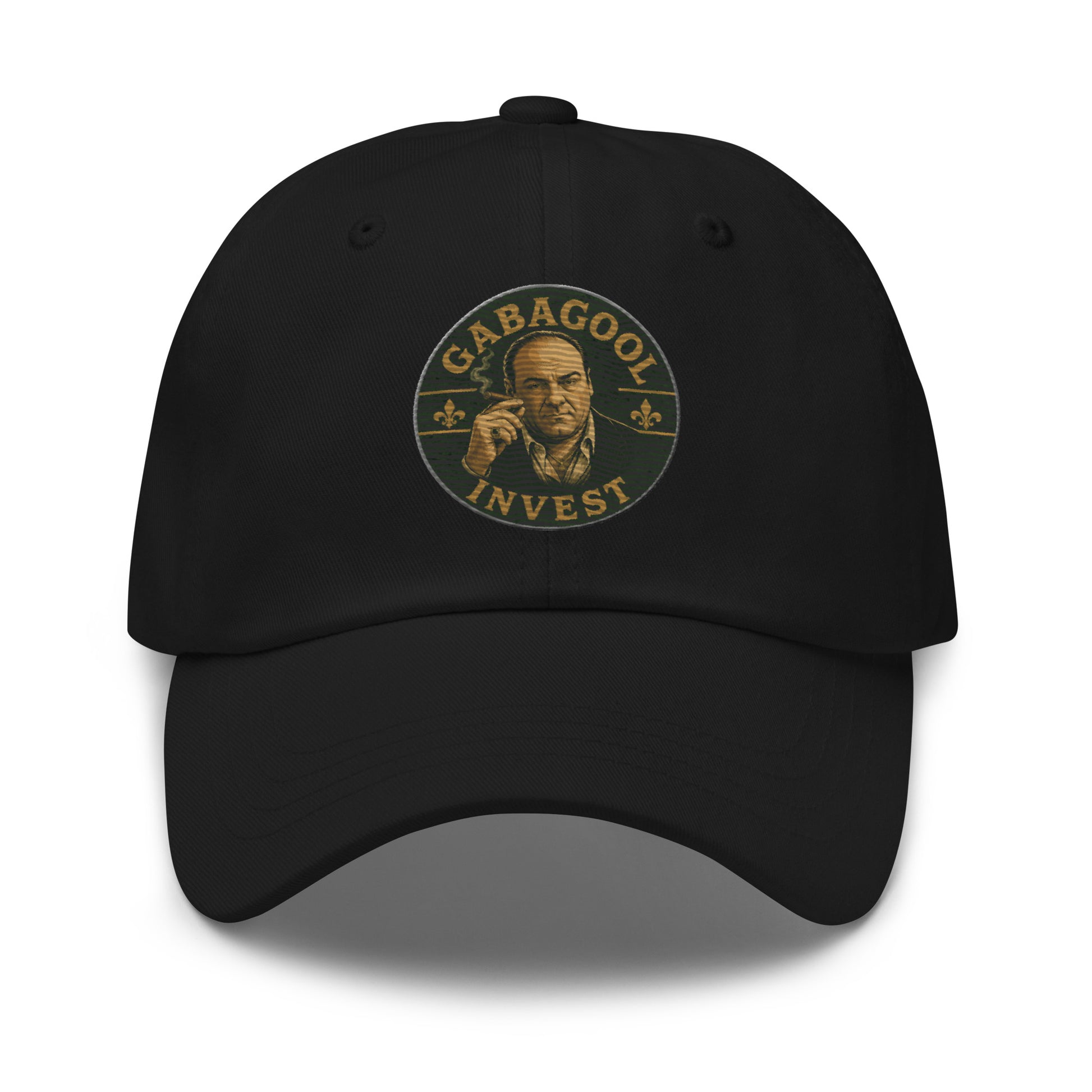Dad hat with embroidered Gabagool Invest text in a mob-family style