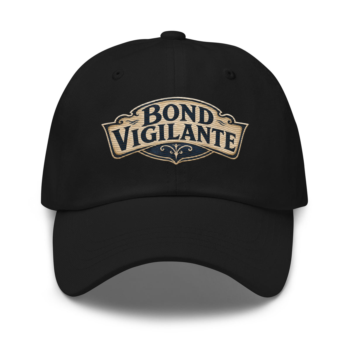 "Bond Vigilante" saloon-sign lettering on a dad hat