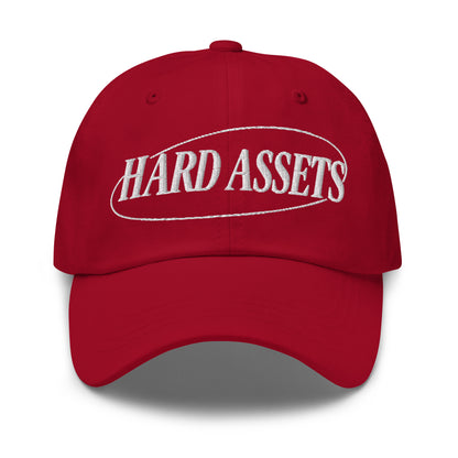 Embroidered adjustable dad hat with Hard Assets commodity investing design