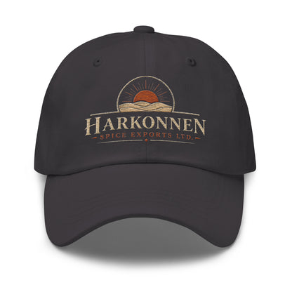 Dad hat with a vintage logo of a sun rising over desert dunes above serif lettering for a fictional spice export company