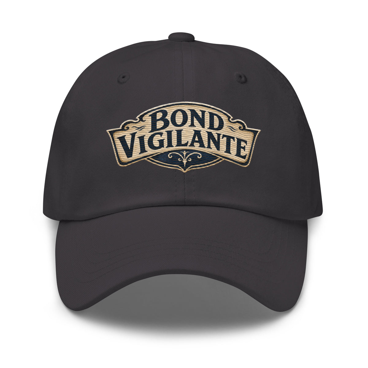 "Bond Vigilante" saloon-sign lettering on a dad hat