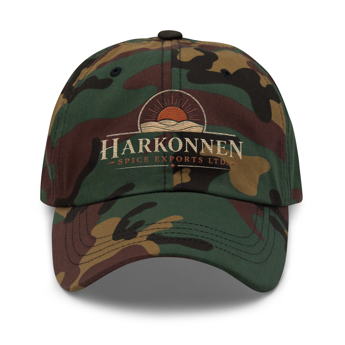 Dad hat with a vintage logo of a sun rising over desert dunes above serif lettering for a fictional spice export company