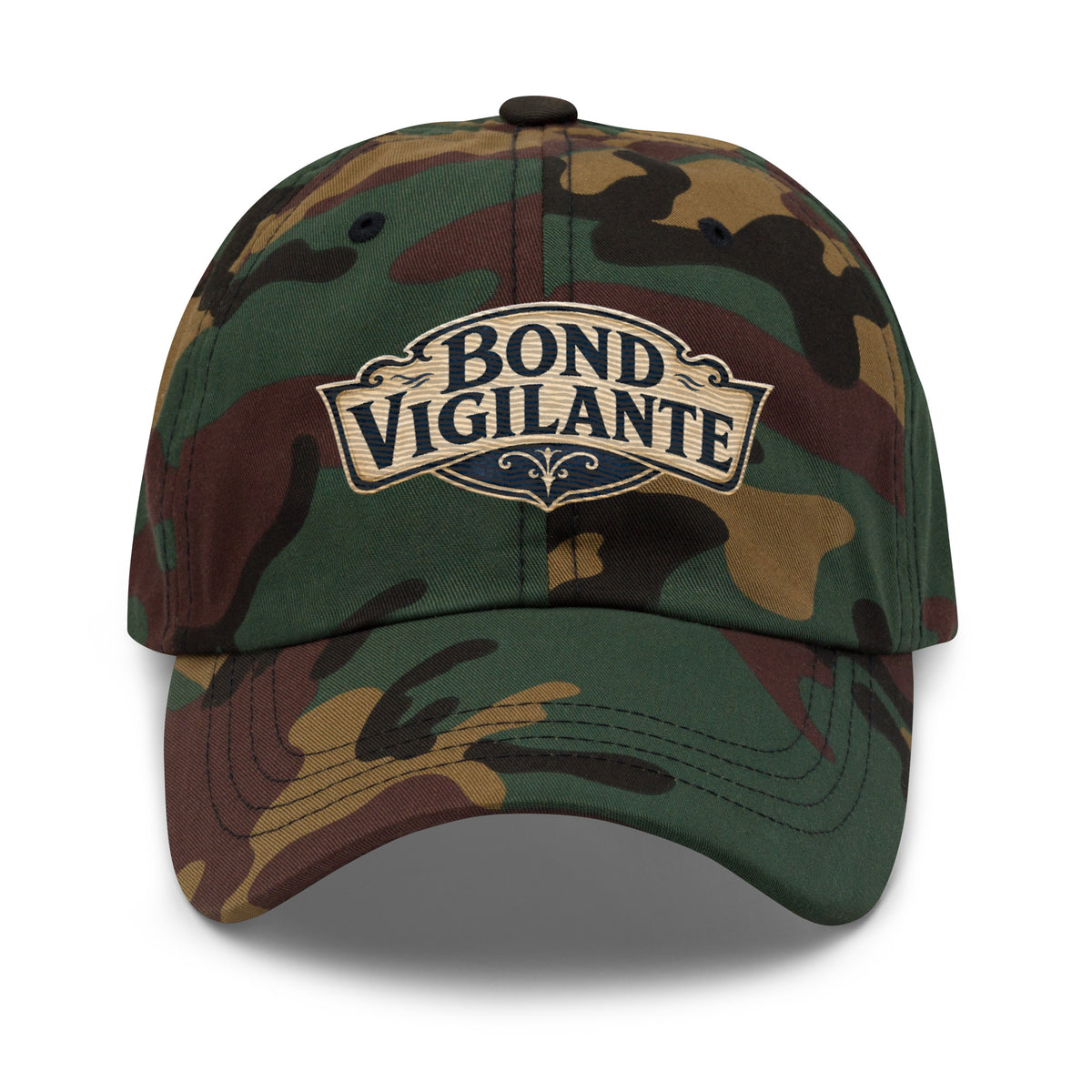 "Bond Vigilante" saloon-sign lettering on a dad hat