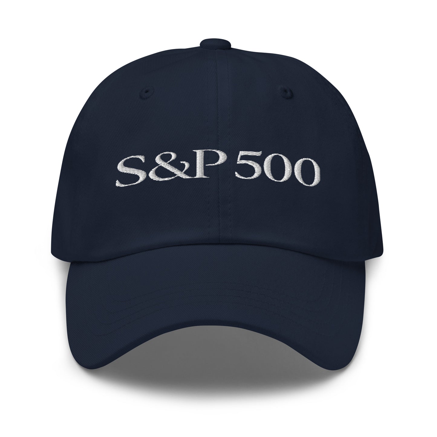 Embroidered "S&P 500" index text on a classic dad hat