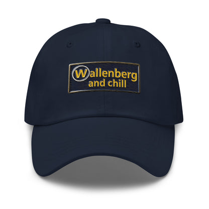 Embroidered navy and gold enamel-pin-style "Wallenberg and Chill" design on a dad hat