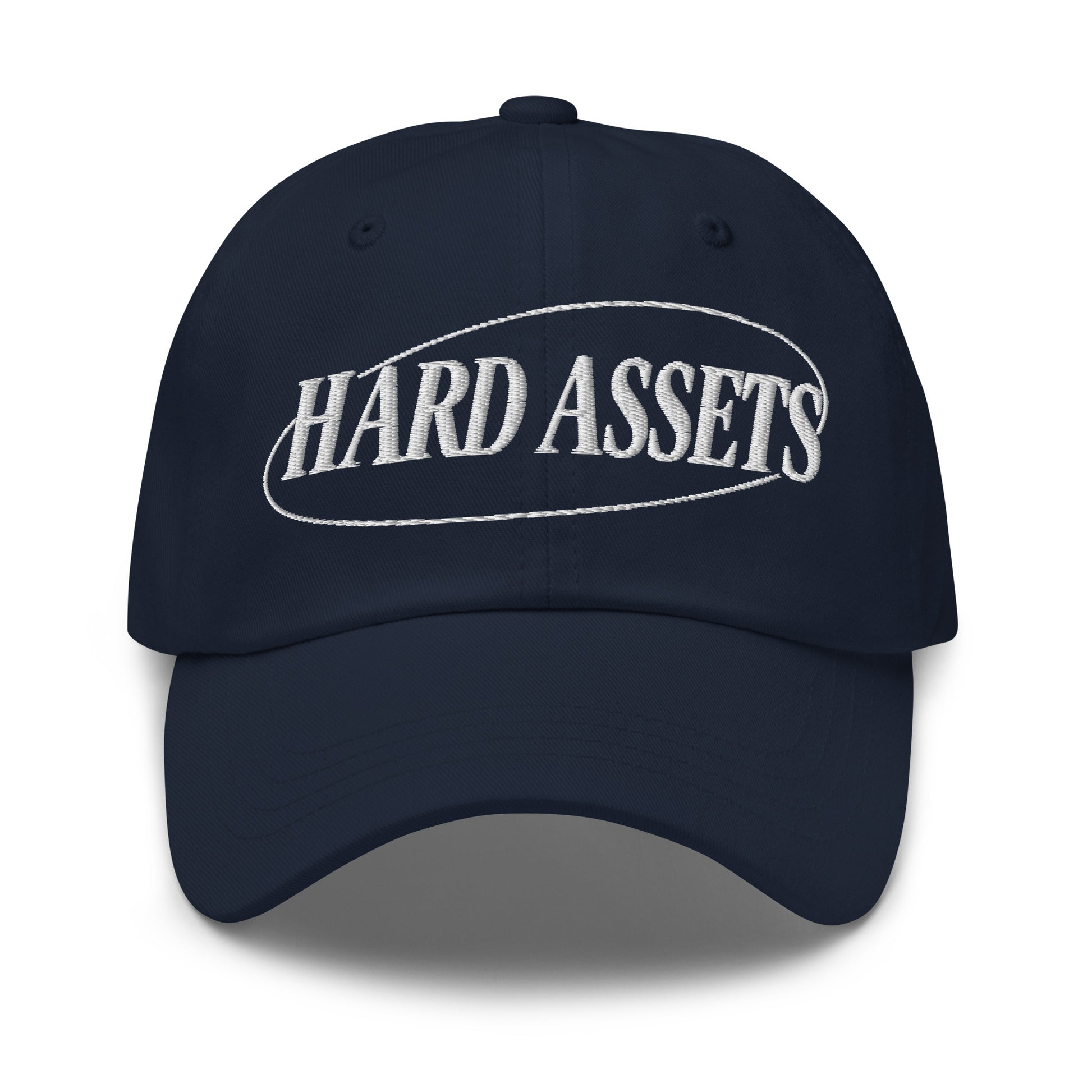 Embroidered adjustable dad hat with Hard Assets commodity investing design