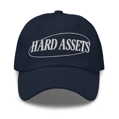 Embroidered adjustable dad hat with Hard Assets commodity investing design