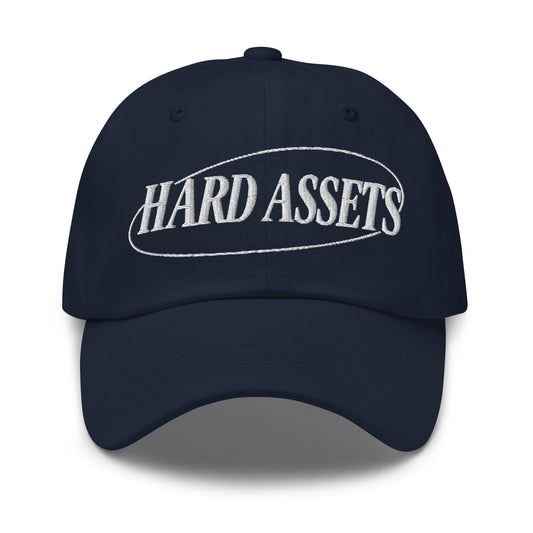 Embroidered adjustable dad hat with Hard Assets commodity investing design
