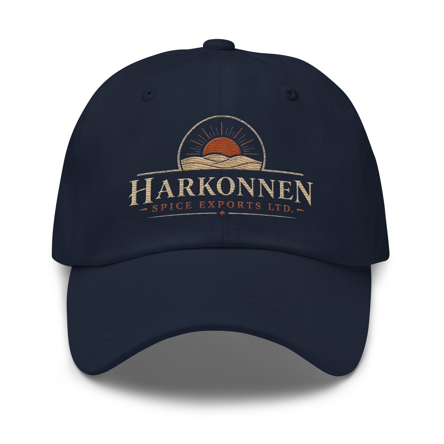 Dad hat with a vintage logo of a sun rising over desert dunes above serif lettering for a fictional spice export company