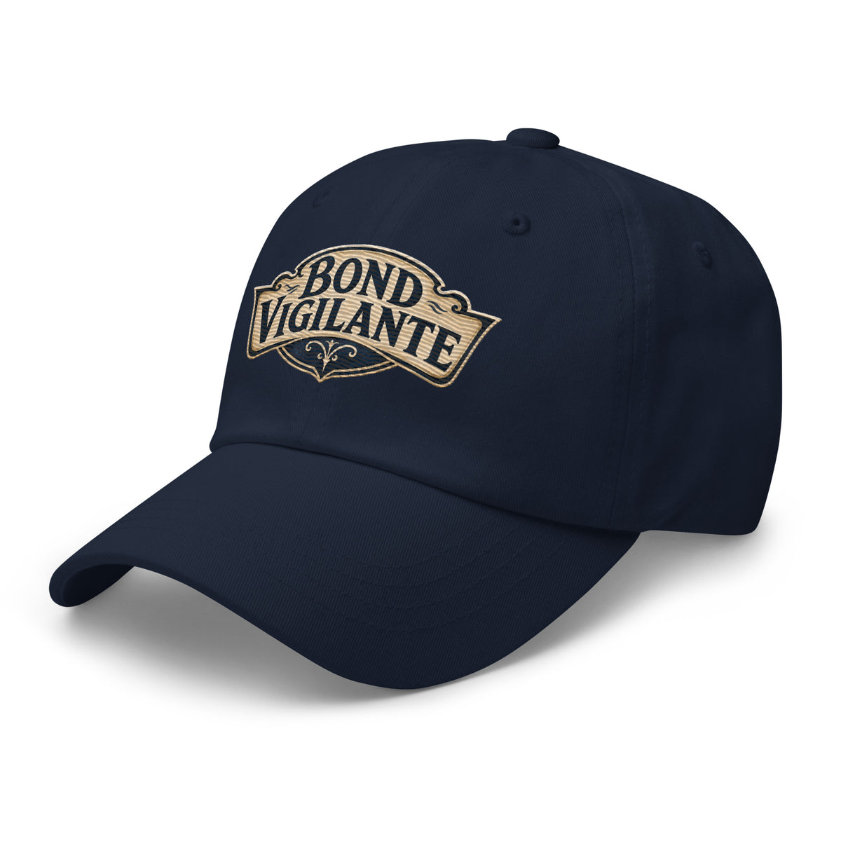"Bond Vigilante" saloon-sign lettering on a dad hat