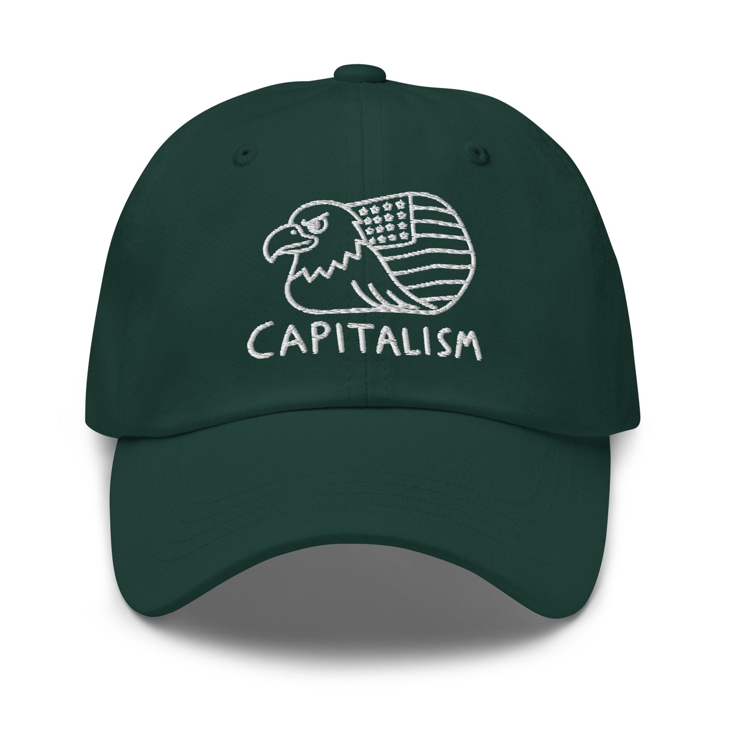 Embroidered bald eagle wrapped in an American flag with "Capitalism" text, on a dad hat