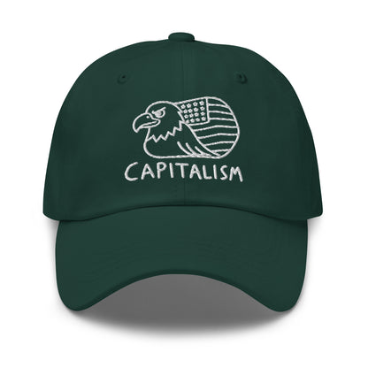 Embroidered bald eagle wrapped in an American flag with "Capitalism" text, on a dad hat