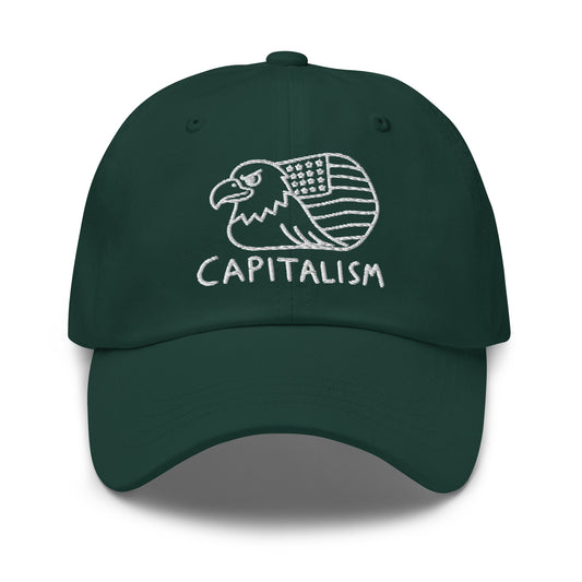 Embroidered bald eagle wrapped in an American flag with "Capitalism" text, on a dad hat