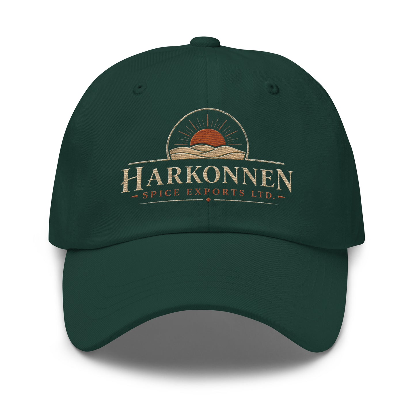 Dad hat with a vintage logo of a sun rising over desert dunes above serif lettering for a fictional spice export company