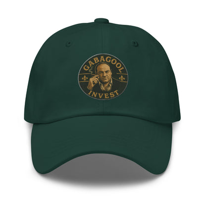 Dad hat with embroidered Gabagool Invest text in a mob-family style