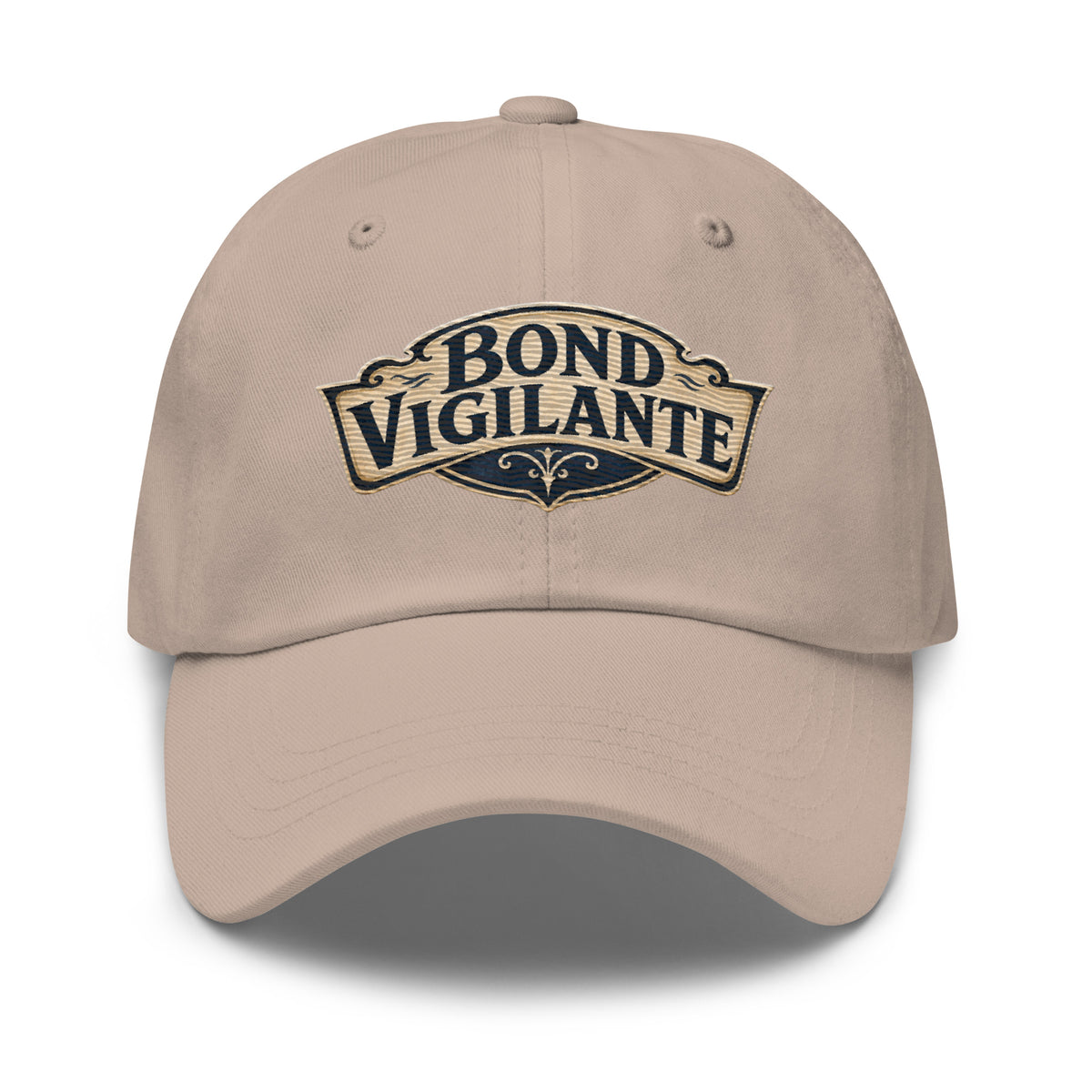 "Bond Vigilante" saloon-sign lettering on a dad hat