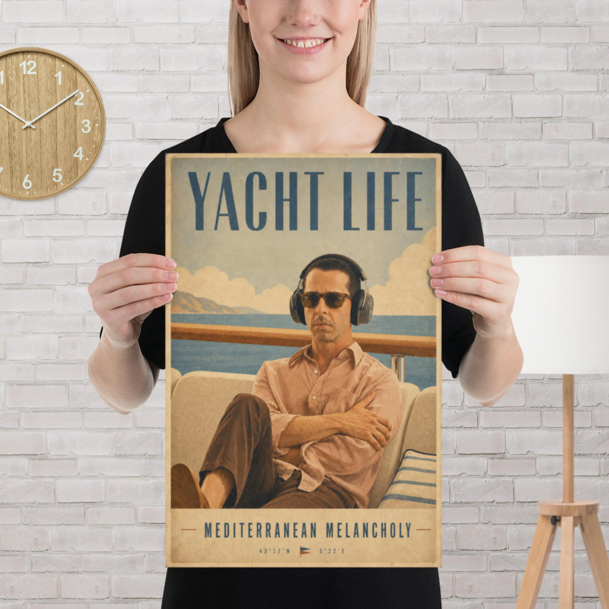 Yacht Life vintage travel poster of a man in headphones and sunglasses lounging on a yacht deck with the Mediterranean behind him