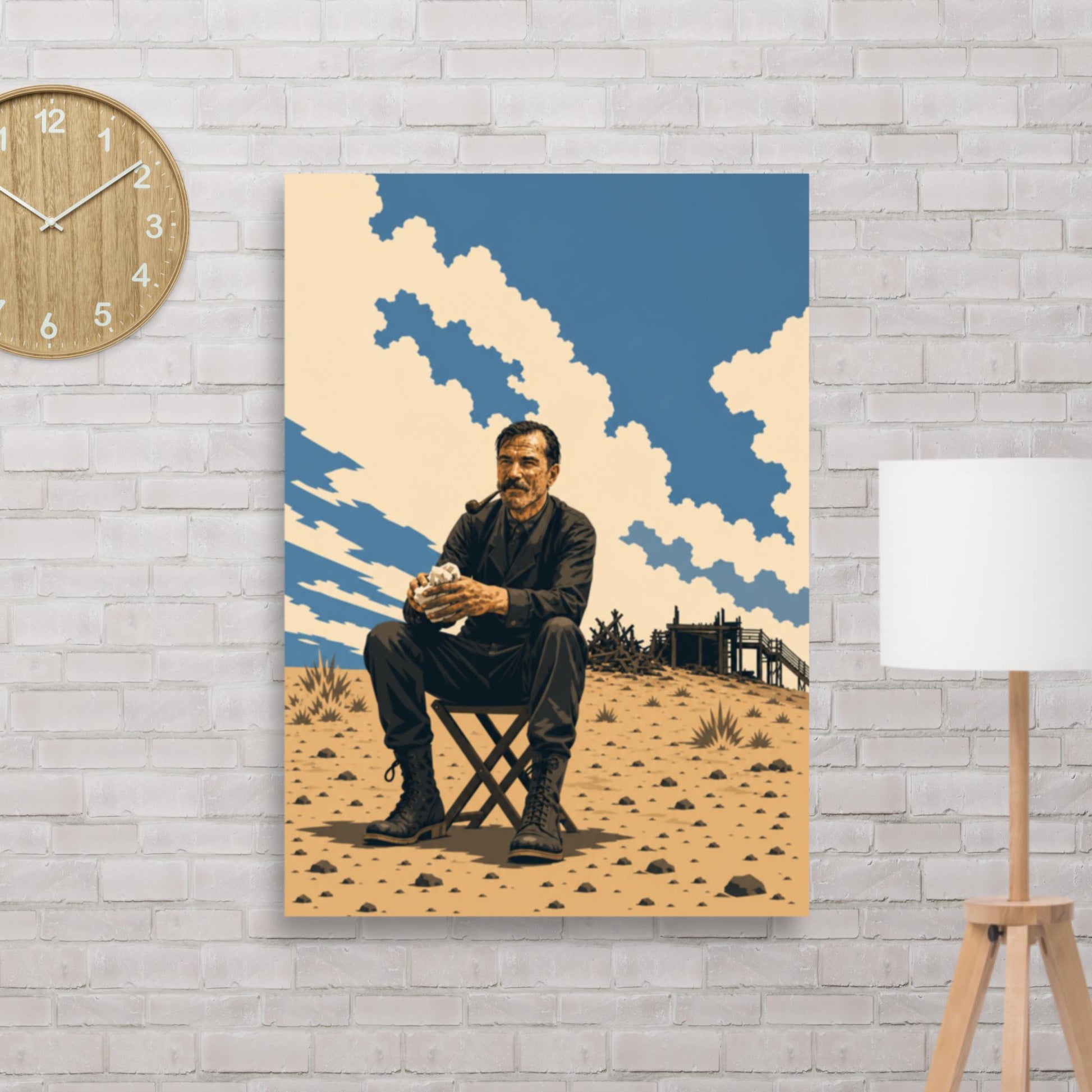 Matte poster with illustration of an oil-splattered man in a suit smoking a pipe, seated on a folding stool in a desert oil field beneath a wide sky