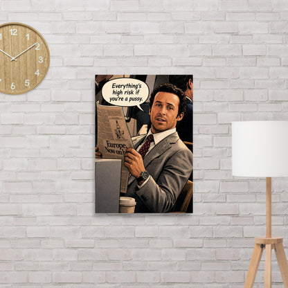 Everything's High Risk comic-style poster of a businessman in a suit reading a newspaper with a speech bubble