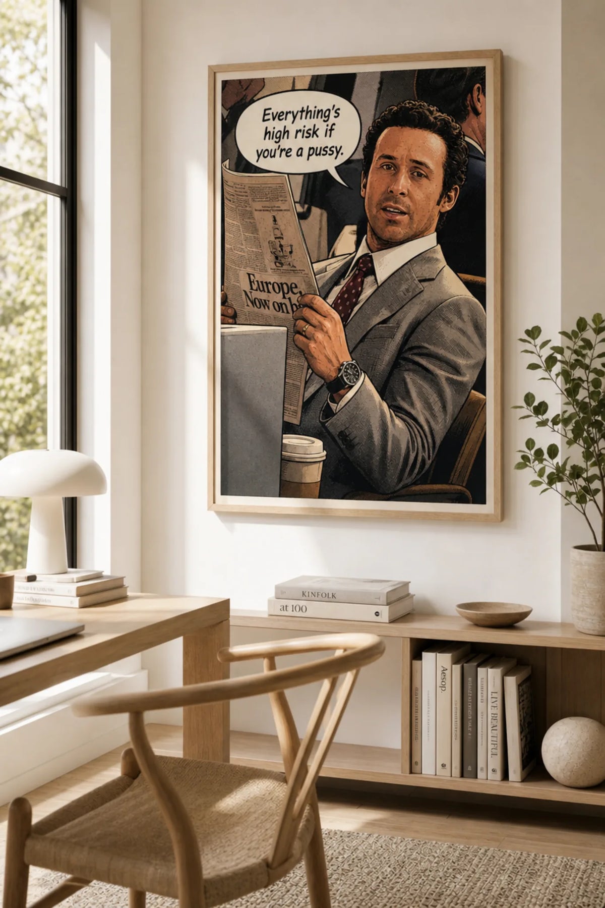 Everything's High Risk comic-style poster of a businessman in a suit reading a newspaper with a speech bubble, shown framed in a home office