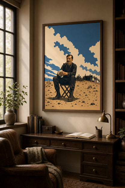 Matte poster with illustration of an oil-splattered man in a suit smoking a pipe, seated on a folding stool in a desert oil field beneath a wide sky