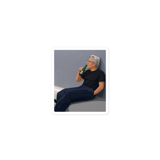 Kiss-cut sticker featuring a parody illustration of Nvidia CEO Jensen Huang