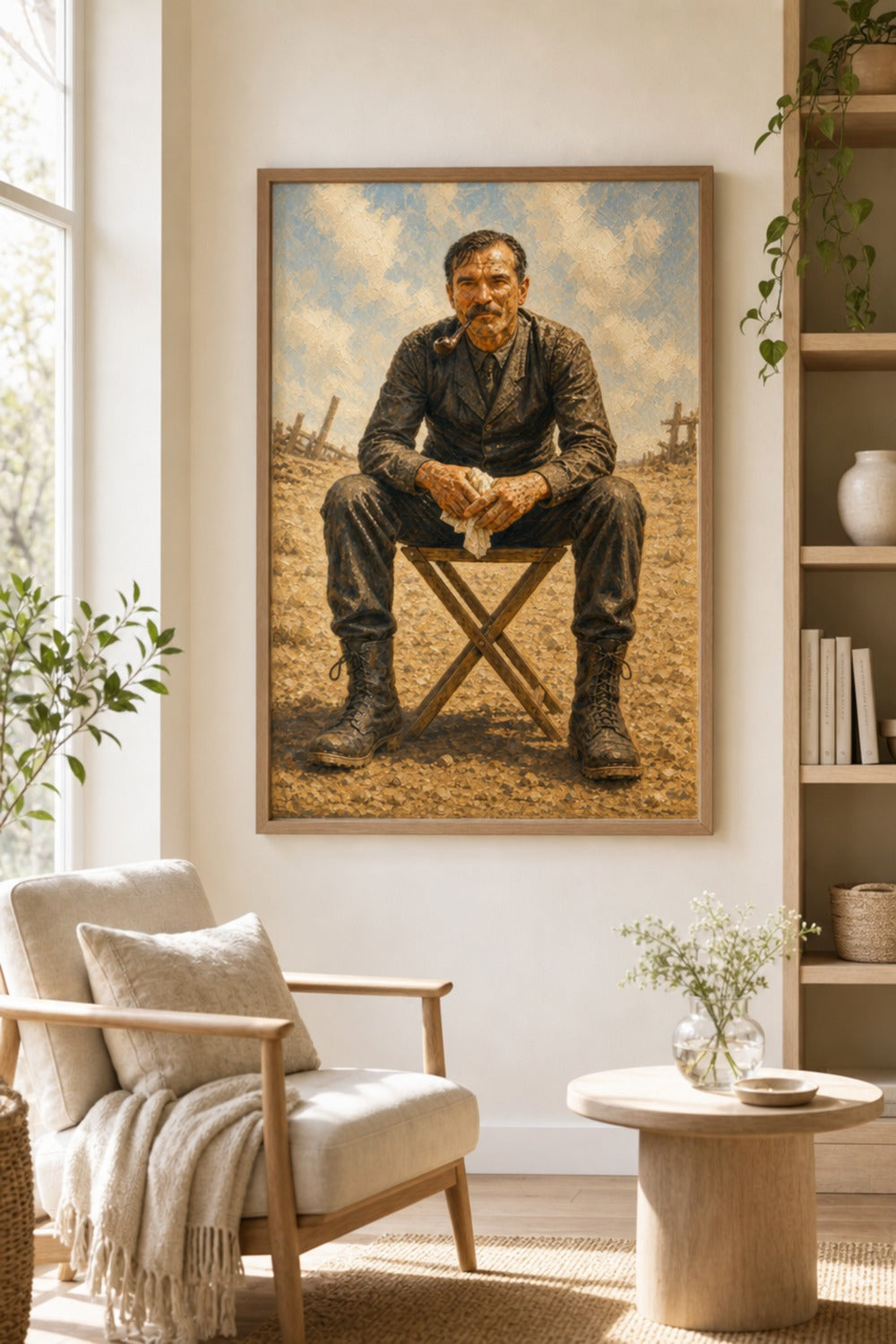 Impasto painted portrait poster of a mustached oilman smoking a pipe, seated on a folding stool in a barren field of drilling derricks