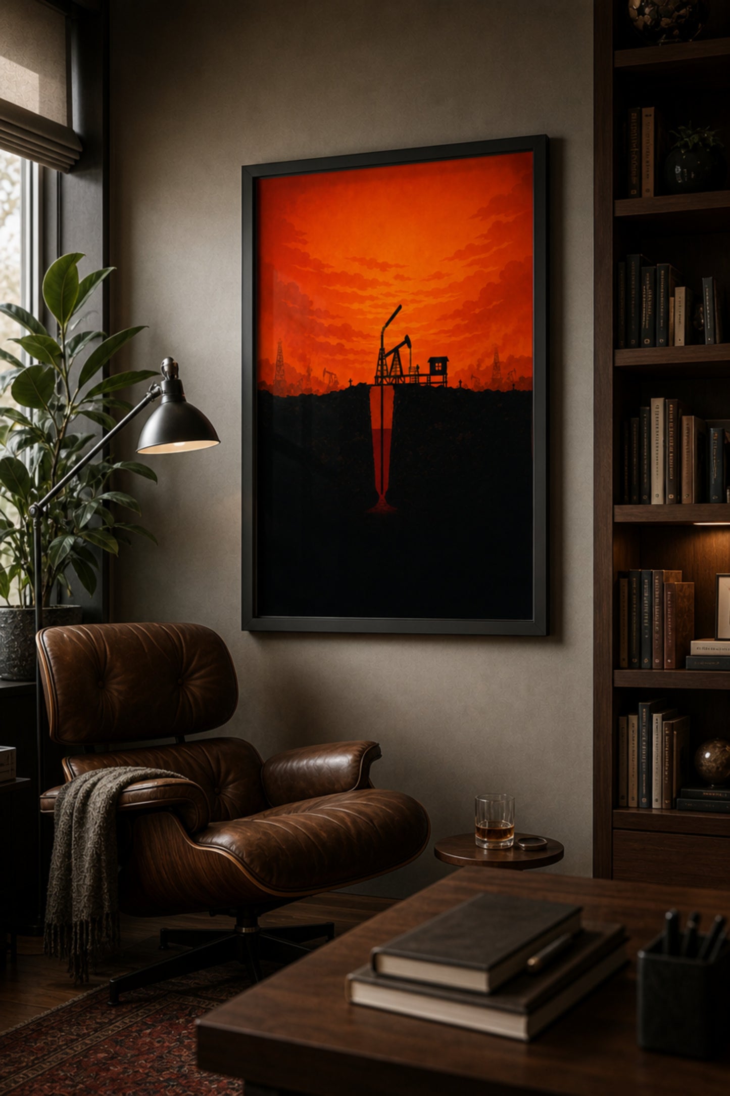 Matte poster with silhouetted oil derrick at sunset and cross-section of the reservoir below ground